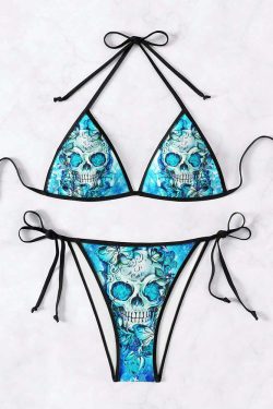 Blue Skull Rose Butterfly Halter String Bikini Set - Y2K Summer Grunge Retro 90s Beach Outfit