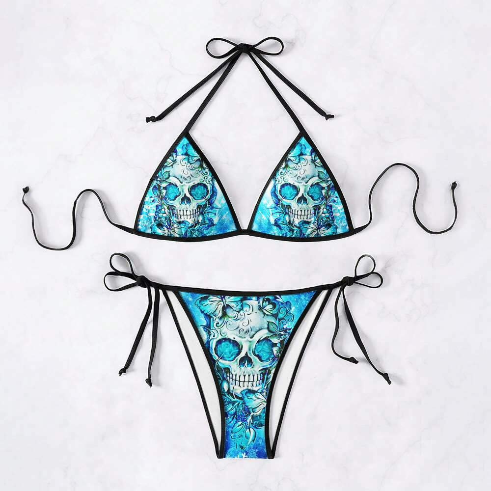Blue Skull Rose Butterfly Halter String Bikini Set - Y2K Summer Grunge Retro 90s Beach Outfit