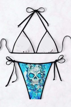 Blue Skull Rose Butterfly Halter String Bikini Set - Y2K Summer Grunge Retro 90s Beach Outfit