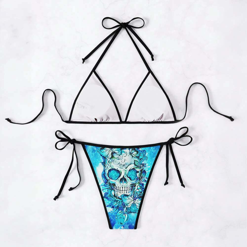 Blue Skull Rose Butterfly Halter String Bikini Set - Y2K Summer Grunge Retro 90s Beach Outfit