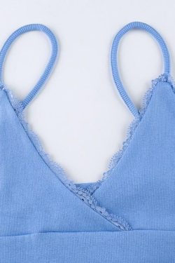 Blue V Neck Mini Dress - Y2K Summer Outfit, 90s Fashion, Grunge, Retro Style, Y2K Party Look