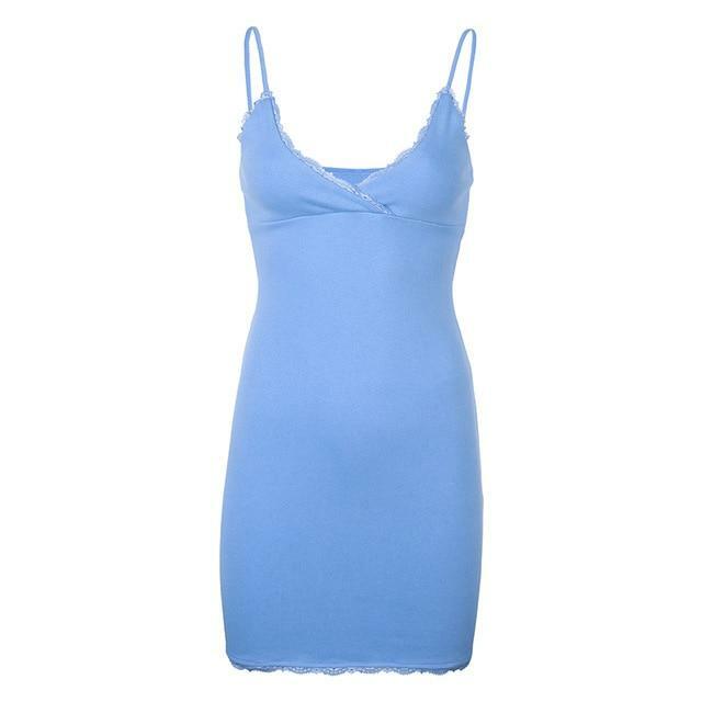 Blue V Neck Mini Dress - Y2K Summer Outfit, 90s Fashion, Grunge, Retro Style, Y2K Party Look