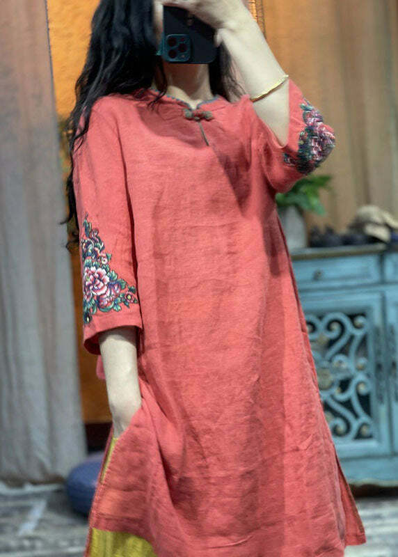 Bohemian Green Stand Collar Embroidered Patchwork Linen Shirt - Y2K Summer Grunge Retro 90s Fashion