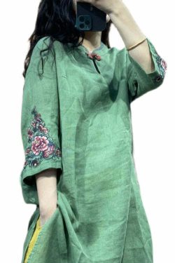 Bohemian Green Stand Collar Embroidered Patchwork Linen Shirt - Y2K Summer Grunge Retro 90s Fashion