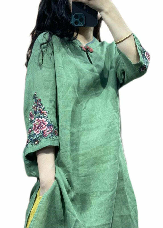 Bohemian Green Stand Collar Embroidered Patchwork Linen Shirt - Y2K Summer Grunge Retro 90s Fashion