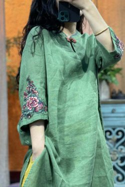 Bohemian Green Stand Collar Embroidered Patchwork Linen Shirt - Y2K Summer Grunge Retro 90s Fashion