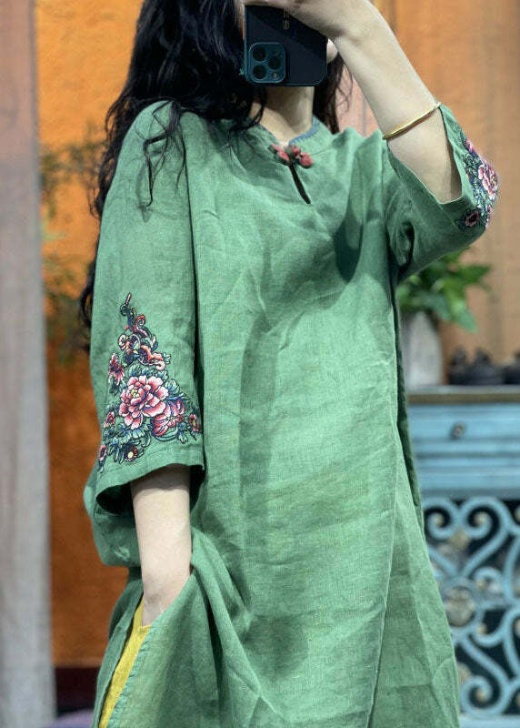 Bohemian Green Stand Collar Embroidered Patchwork Linen Shirt - Y2K Summer Grunge Retro 90s Fashion