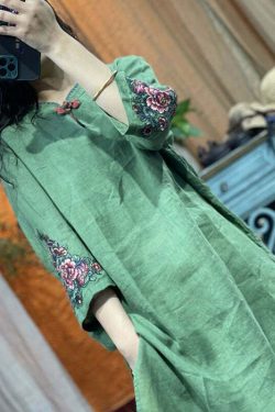 Bohemian Green Stand Collar Embroidered Patchwork Linen Shirt - Y2K Summer Grunge Retro 90s Fashion