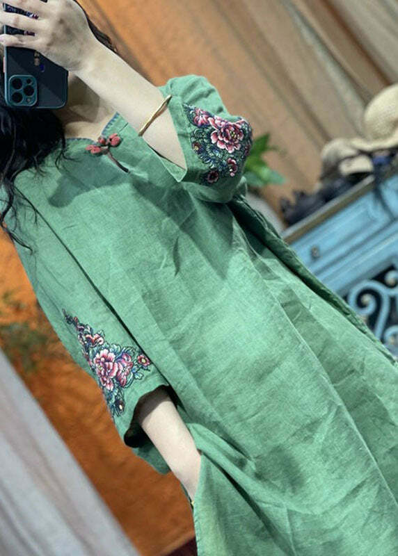 Bohemian Green Stand Collar Embroidered Patchwork Linen Shirt - Y2K Summer Grunge Retro 90s Fashion
