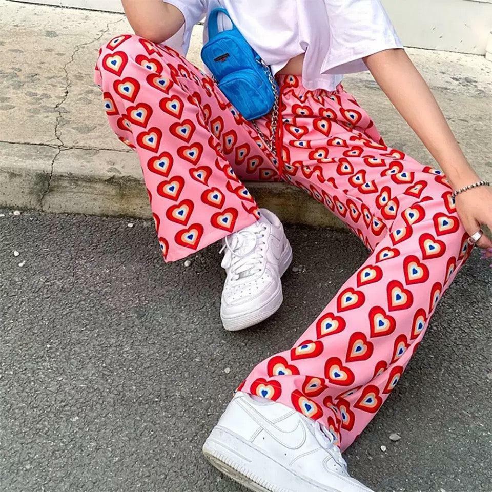 Bohemian Heart Pants - Y2K Summer Grunge Outfit, 90s Retro Style, Pastel Goth, Y2K Fashion