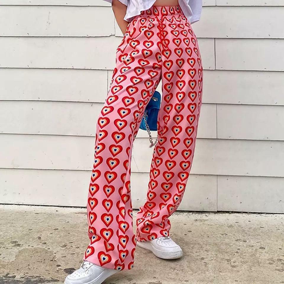 Bohemian Heart Pants - Y2K Summer Grunge Outfit, 90s Retro Style, Pastel Goth, Y2K Fashion