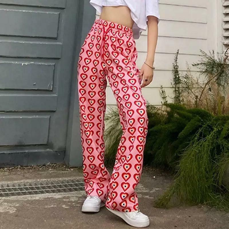 Bohemian Heart Pants - Y2K Summer Grunge Outfit, 90s Retro Style, Pastel Goth, Y2K Fashion