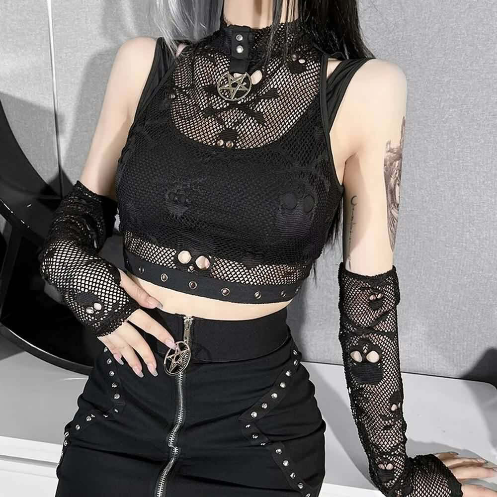 Bold Gothic Skull Mesh Crop Top & Fingerless Gloves Set - Y2K Grunge, 90s Retro, Pastel Goth