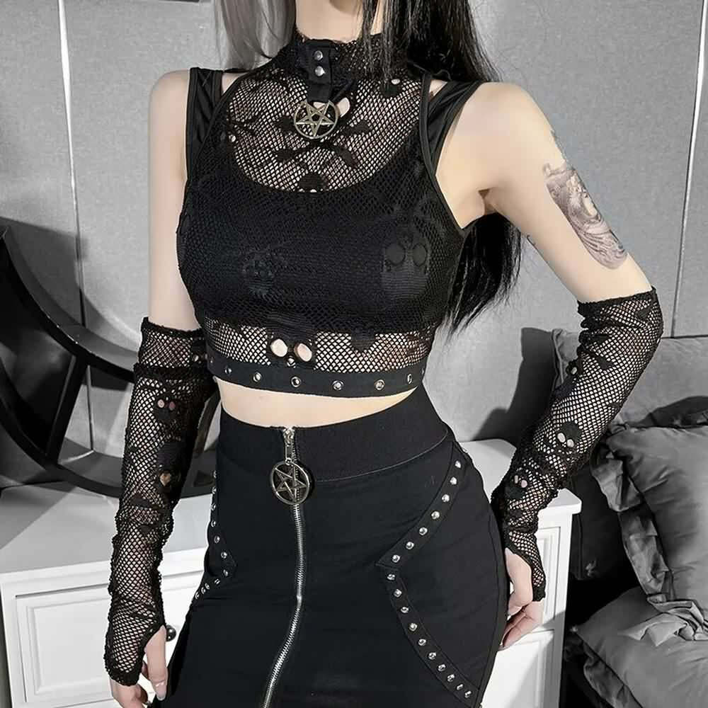 Bold Gothic Skull Mesh Crop Top & Fingerless Gloves Set - Y2K Grunge, 90s Retro, Pastel Goth