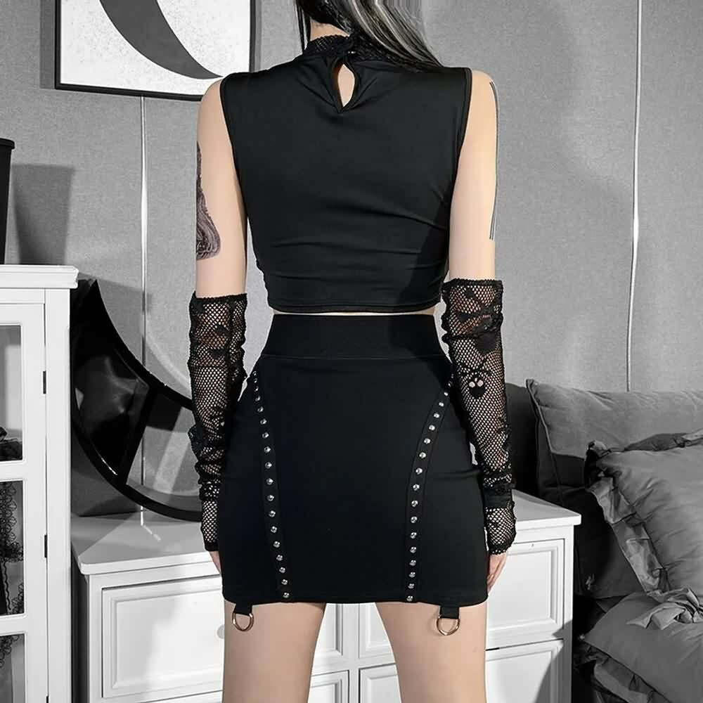 Bold Gothic Skull Mesh Crop Top & Fingerless Gloves Set - Y2K Grunge, 90s Retro, Pastel Goth