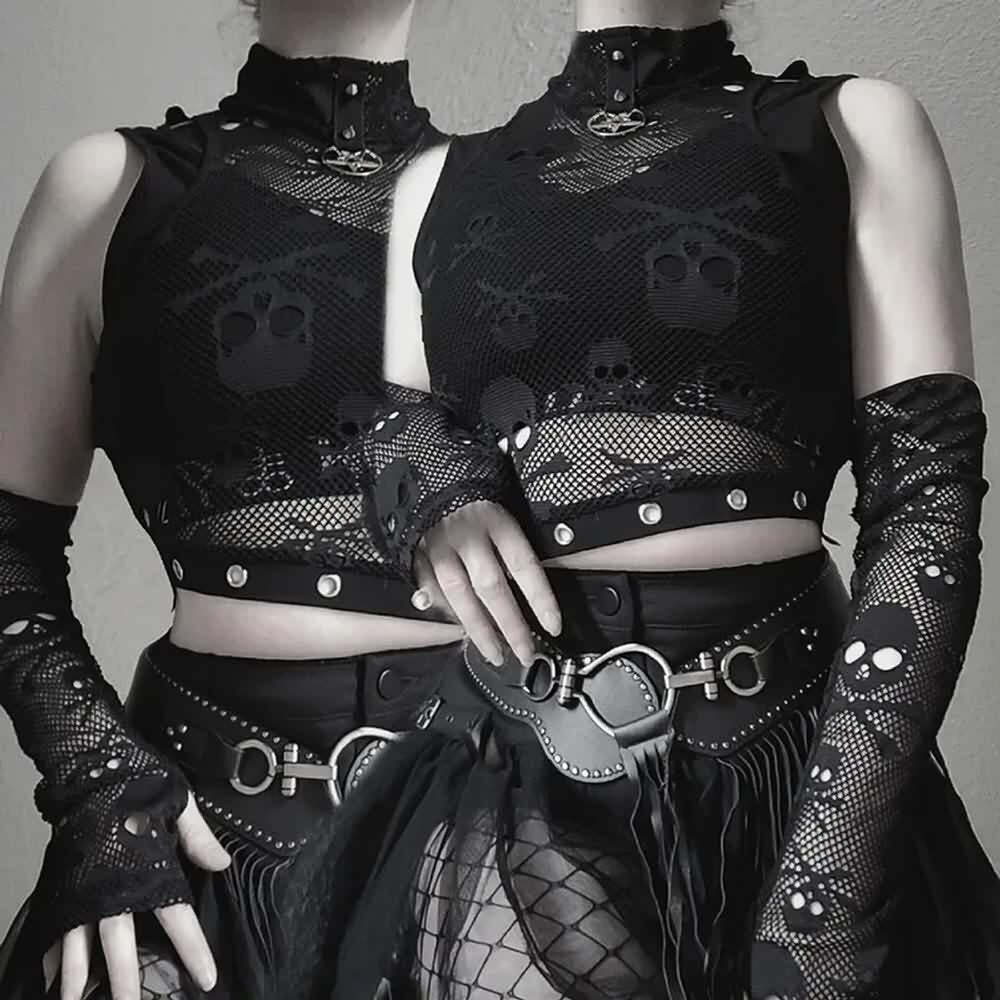 Bold Gothic Skull Mesh Crop Top & Fingerless Gloves Set - Y2K Grunge, 90s Retro, Pastel Goth