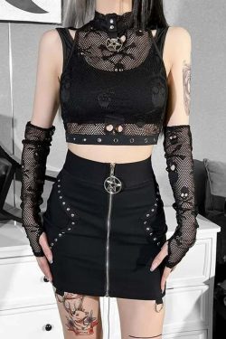 Bold Gothic Skull Mesh Crop Top & Fingerless Gloves Set - Y2K Grunge, 90s Retro, Pastel Goth
