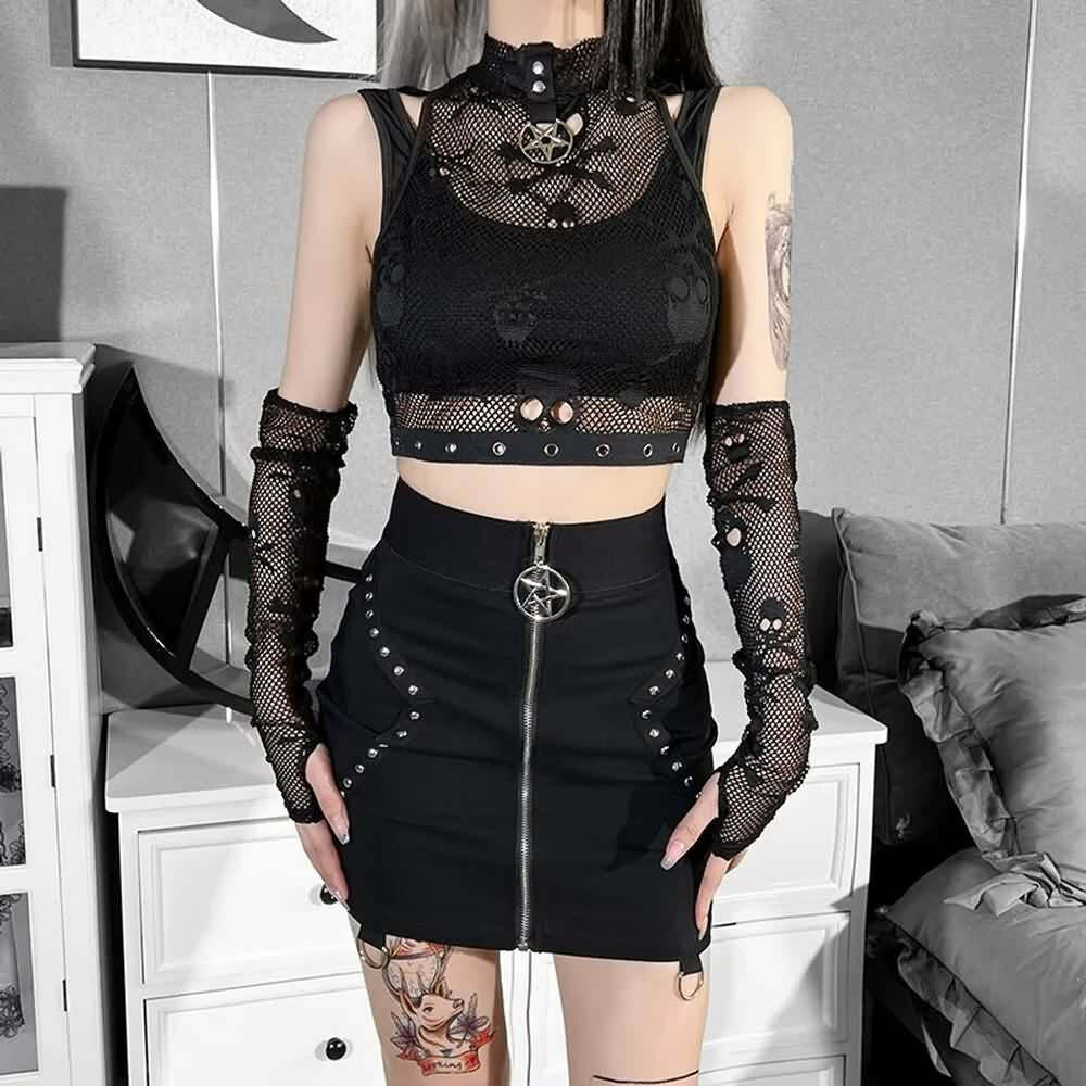 Bold Gothic Skull Mesh Crop Top & Fingerless Gloves Set - Y2K Grunge, 90s Retro, Pastel Goth
