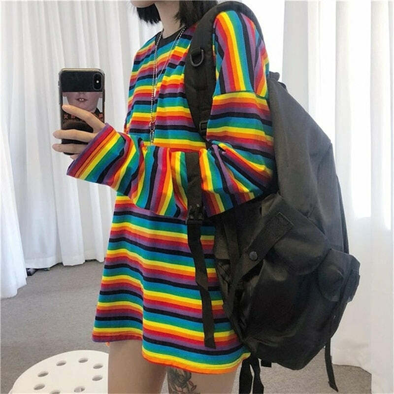 Bright Rainbow Striped Long Sleeve T-Shirt - Y2K Summer, 90s Grunge, Retro Fashion, Y2K Outfits