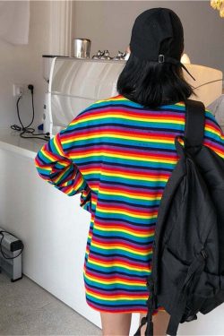 Bright Rainbow Striped Long Sleeve T-Shirt - Y2K Summer, 90s Grunge, Retro Fashion, Y2K Outfits