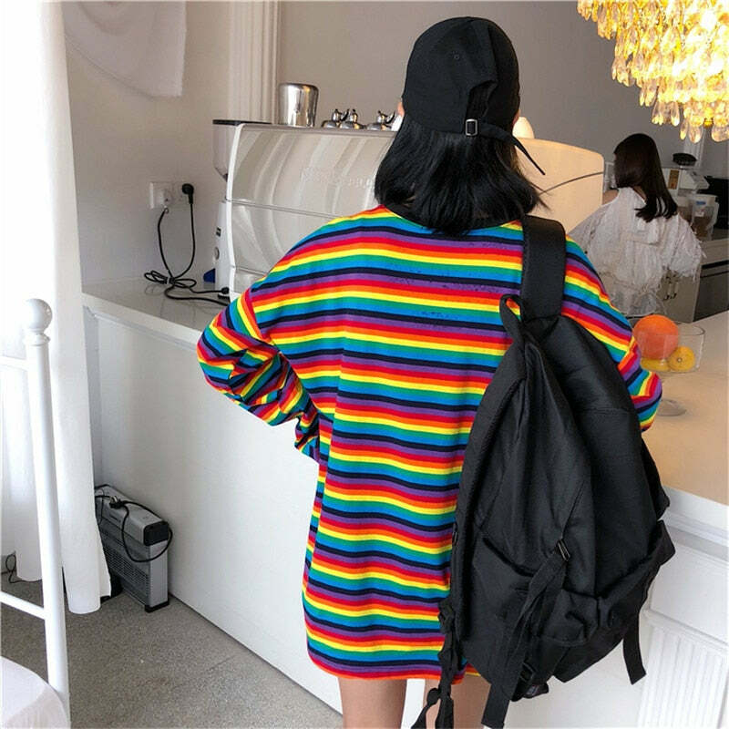 Bright Rainbow Striped Long Sleeve T-Shirt - Y2K Summer, 90s Grunge, Retro Fashion, Y2K Outfits