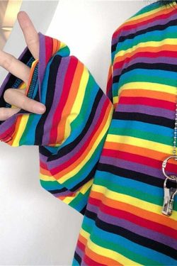 Bright Rainbow Striped Long Sleeve T-Shirt - Y2K Summer, 90s Grunge, Retro Fashion, Y2K Outfits