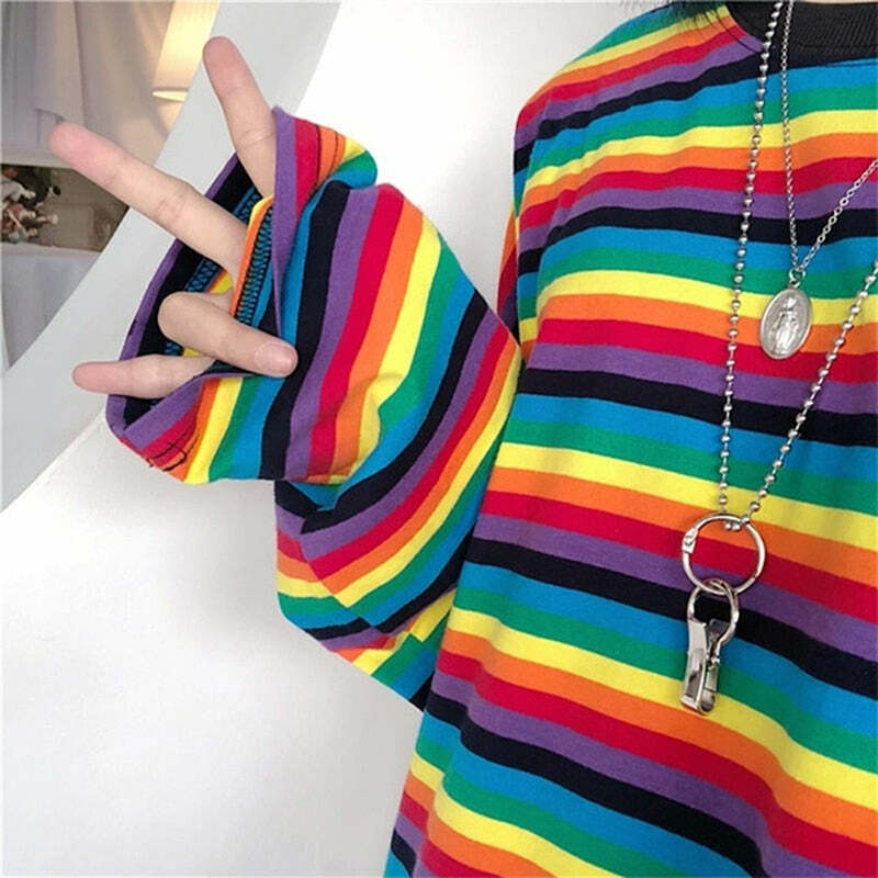 Bright Rainbow Striped Long Sleeve T-Shirt - Y2K Summer, 90s Grunge, Retro Fashion, Y2K Outfits