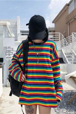 Bright Rainbow Striped Long Sleeve T-Shirt - Y2K Summer, 90s Grunge, Retro Fashion, Y2K Outfits