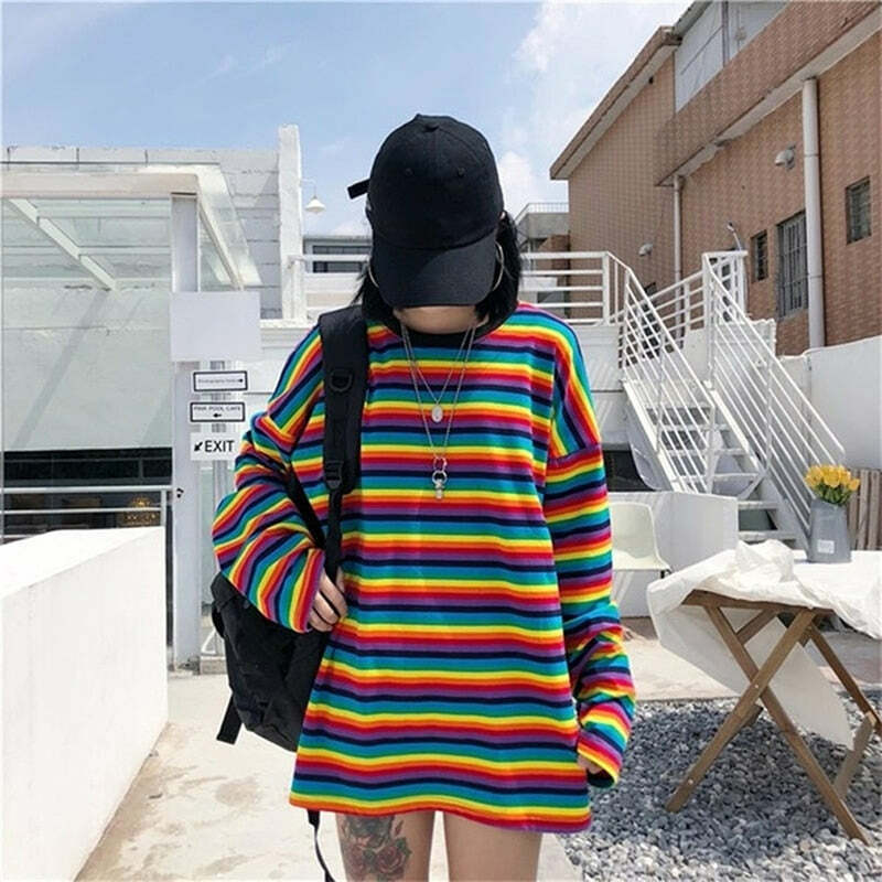 Bright Rainbow Striped Long Sleeve T-Shirt - Y2K Summer, 90s Grunge, Retro Fashion, Y2K Outfits