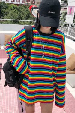 Bright Rainbow Striped Long Sleeve T-Shirt - Y2K Summer, 90s Grunge, Retro Fashion, Y2K Outfits