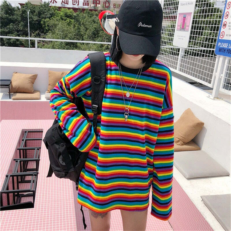 Bright Rainbow Striped Long Sleeve T-Shirt - Y2K Summer, 90s Grunge, Retro Fashion, Y2K Outfits