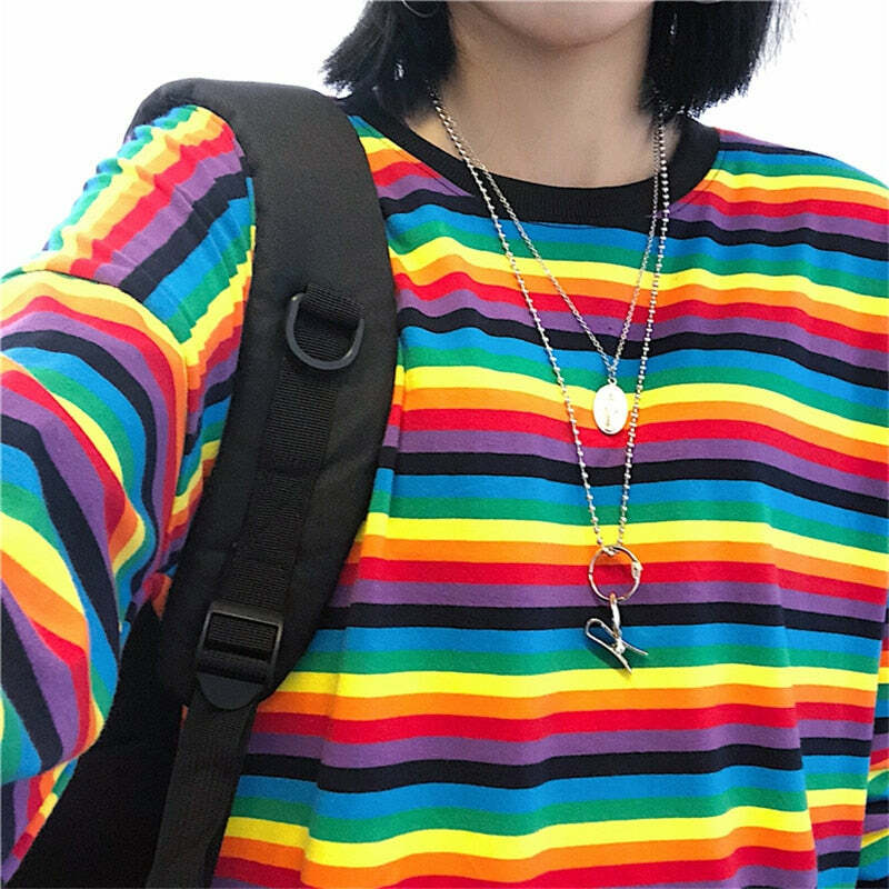 Bright Rainbow Striped Long Sleeve T-Shirt - Y2K Summer, 90s Grunge, Retro Fashion, Y2K Outfits