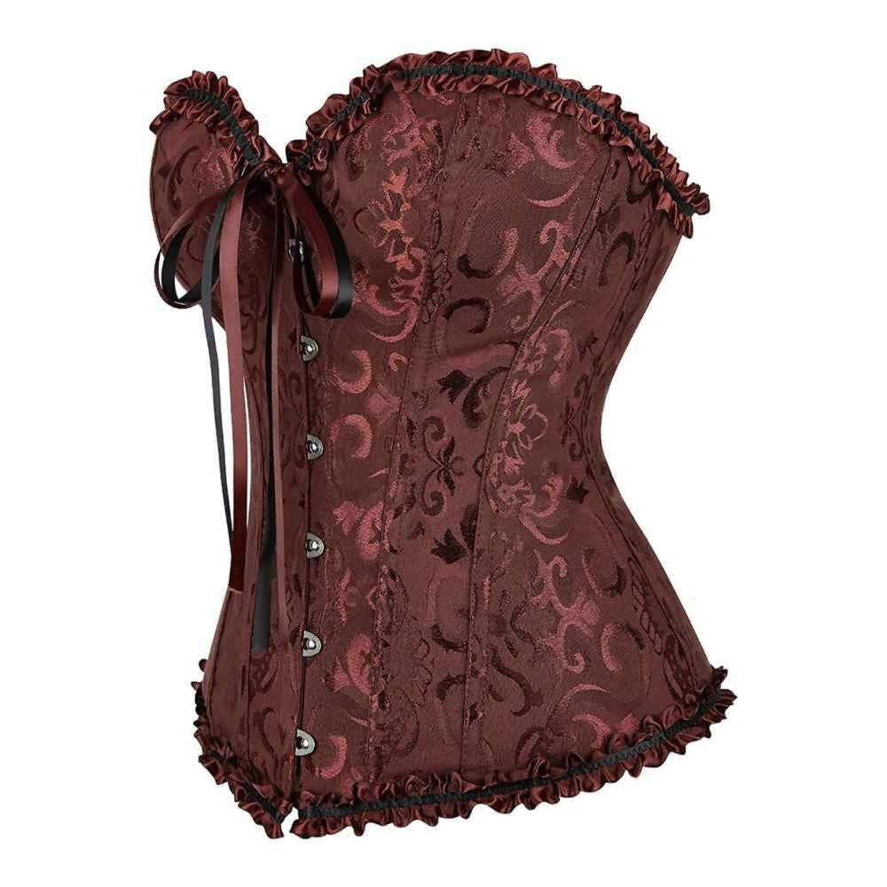 Brown Gothic Ruffle Trim Hourglass Overbust Corset - Y2K Grunge, 90s Fashion, Retro Style