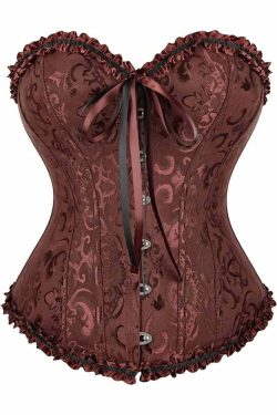 Brown Gothic Ruffle Trim Hourglass Overbust Corset - Y2K Grunge, 90s Fashion, Retro Style