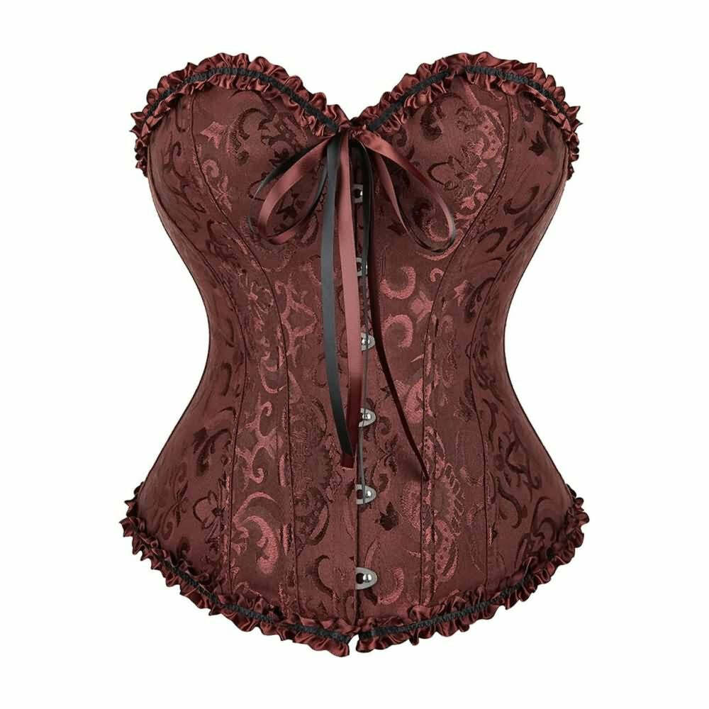 Brown Gothic Ruffle Trim Hourglass Overbust Corset - Y2K Grunge, 90s Fashion, Retro Style
