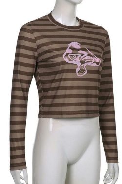 Brown Striped Mushroom Shirt - Y2K Summer Grunge, 90s Retro, Pastel Goth, Y2K Club & Party Outfits