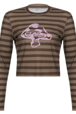 Brown Striped Mushroom Shirt - Y2K Summer Grunge, 90s Retro, Pastel Goth, Y2K Club & Party Outfits