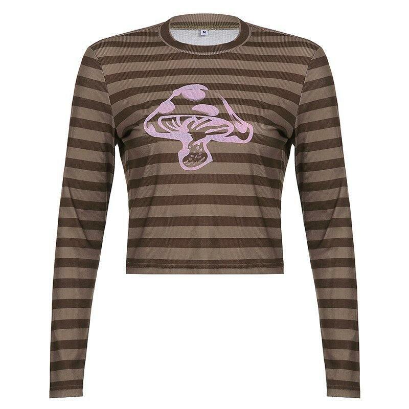Brown Striped Mushroom Shirt - Y2K Summer Grunge, 90s Retro, Pastel Goth, Y2K Club & Party Outfits