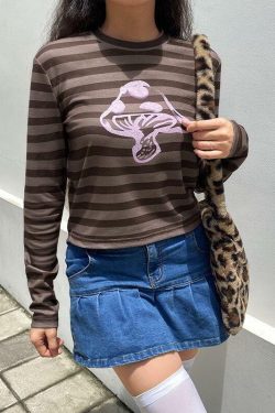 Brown Striped Mushroom Shirt - Y2K Summer Grunge, 90s Retro, Pastel Goth, Y2K Club & Party Outfits