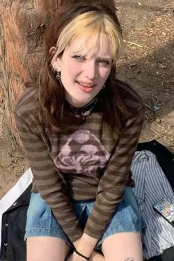 Brown Striped Mushroom Shirt - Y2K Summer Grunge, 90s Retro, Pastel Goth, Y2K Club & Party Outfits