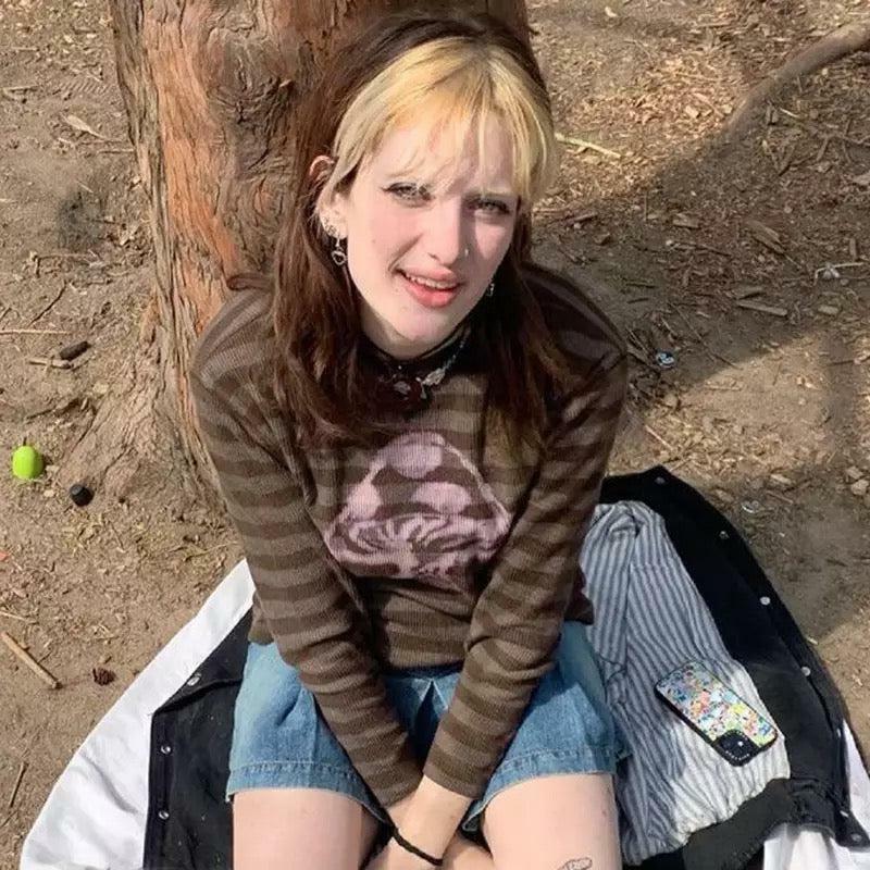 Brown Striped Mushroom Shirt - Y2K Summer Grunge, 90s Retro, Pastel Goth, Y2K Club & Party Outfits