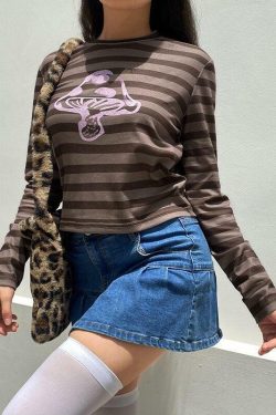 Brown Striped Mushroom Shirt - Y2K Summer Grunge, 90s Retro, Pastel Goth, Y2K Club & Party Outfits