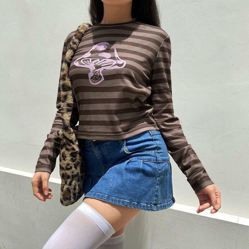 Brown Striped Mushroom Shirt - Y2K Summer Grunge, 90s Retro, Pastel Goth, Y2K Club & Party Outfits