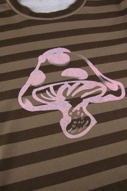 Brown Striped Mushroom Shirt - Y2K Summer Grunge, 90s Retro, Pastel Goth, Y2K Club & Party Outfits
