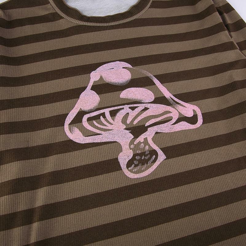 Brown Striped Mushroom Shirt - Y2K Summer Grunge, 90s Retro, Pastel Goth, Y2K Club & Party Outfits