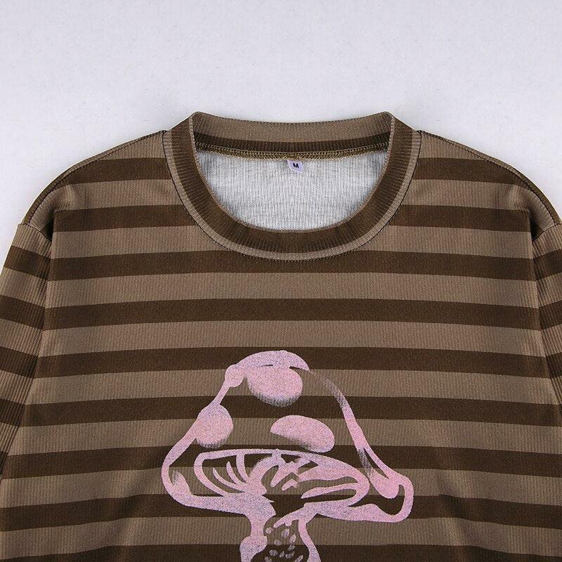 Brown Striped Mushroom Shirt - Y2K Summer Grunge, 90s Retro, Pastel Goth, Y2K Club & Party Outfits