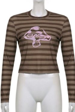 Brown Striped Mushroom Shirt - Y2K Summer Grunge, 90s Retro, Pastel Goth, Y2K Club & Party Outfits