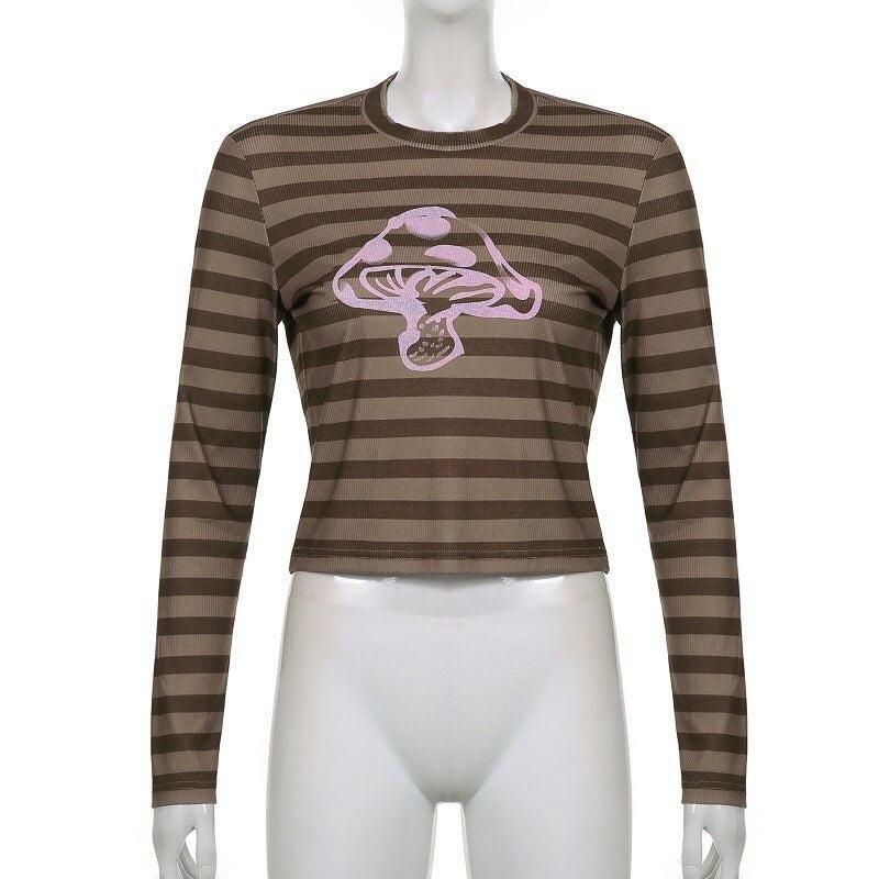 Brown Striped Mushroom Shirt - Y2K Summer Grunge, 90s Retro, Pastel Goth, Y2K Club & Party Outfits