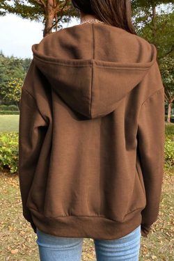 Brown Zip Hoodie - Y2K Summer Grunge, 90s Retro, Pastel Goth, Y2K Club & Party Outfits