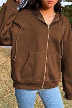 Brown Zip Hoodie - Y2K Summer Grunge, 90s Retro, Pastel Goth, Y2K Club & Party Outfits